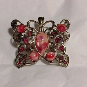Vintage RMN‎ Butterfly Floral Pendant Pink Silver Trim 2"×2¼ Magnetic Clip